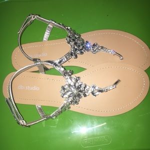 Blingy silver thong sandals, new, size 11